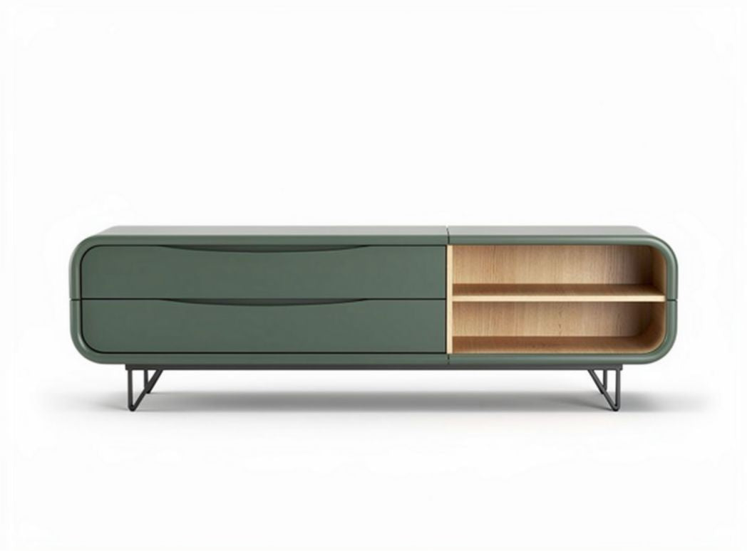 Green modern TV stand with wooden shelves and metal legs 150 x 40 x 50cm