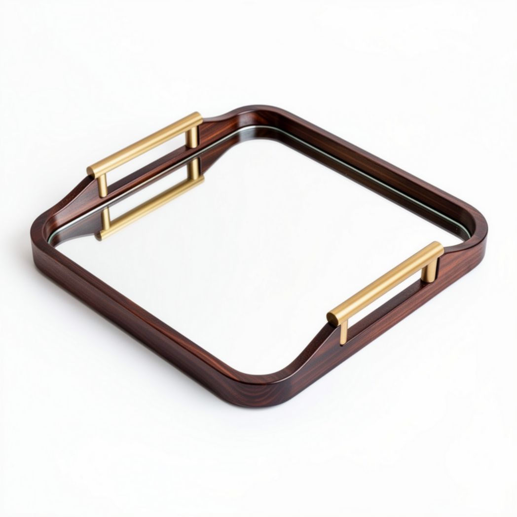 Wooden serving tray with mirror finish and metal handles 30 x 30 x 5cm