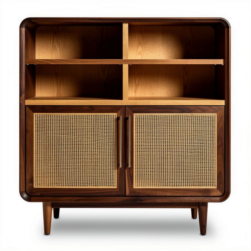 Wooden storage cabinet with rattan accents and four open shelves 90 x 40 x 80cm