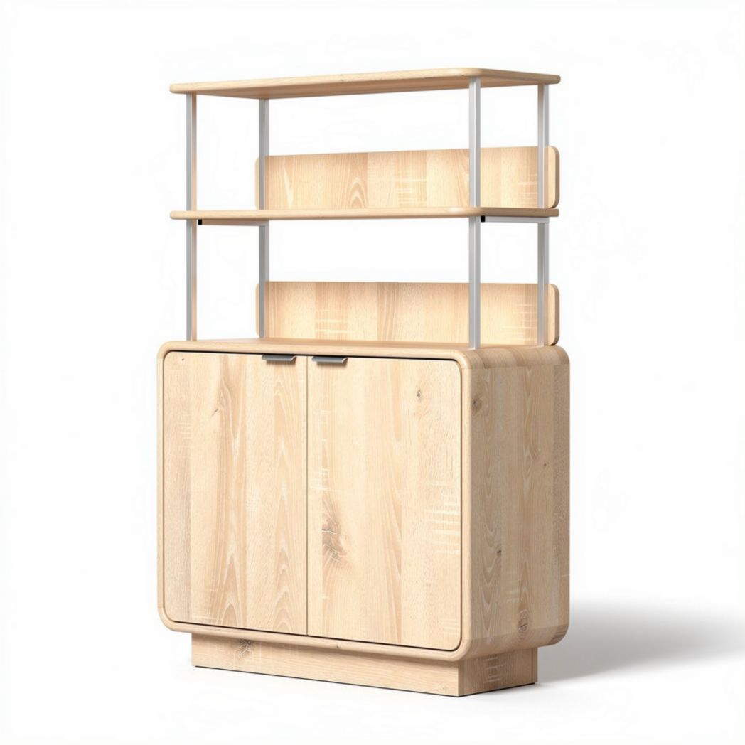 Wooden storage cabinet with open shelving and closed compartments 90 x 40 x 130cm
