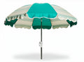 Outdoor patio umbrella with teal fabric and white striped design 9ft diameter