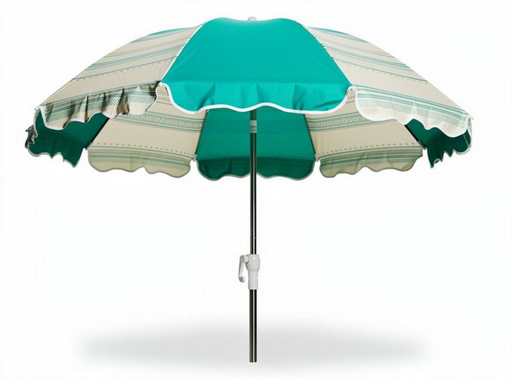 Outdoor patio umbrella with teal fabric and white striped design 9ft diameter