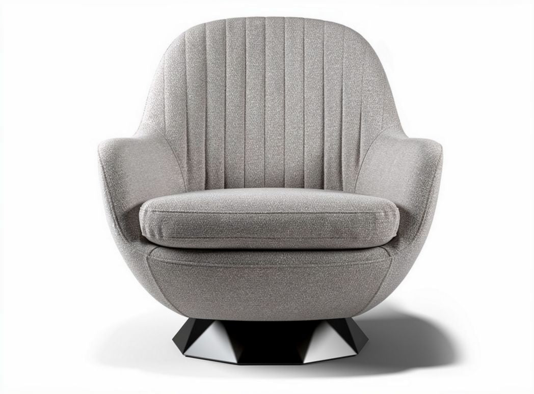 Modern accent chair in light gray fabric with geometric metal base 85 x 85 x 85cm