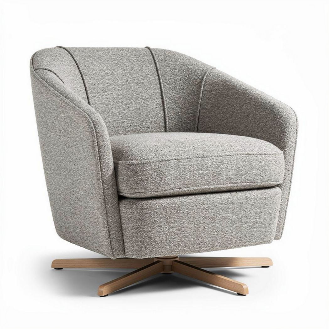 Swivel accent chair in light gray fabric with gold metal base 76 x 76 x 81cm